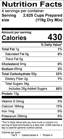 Legacy Strawberry Creamy Wheat Nutrition Label